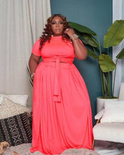 Load image into Gallery viewer, Plus Size 2 Piece Solid Color Short Sleeve Knot Skirt Set
