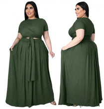 Load image into Gallery viewer, Plus Size 2 Piece Solid Color Short Sleeve Knot Skirt Set
